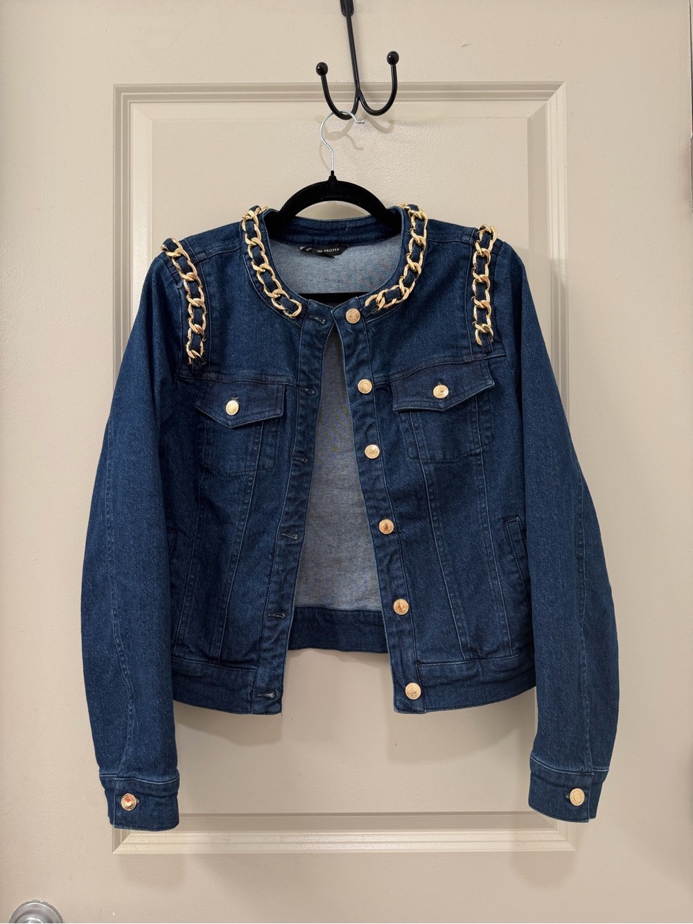 Boston Proper Gold Chain Detail Dark Wash Denim Jacket Size S NWOT